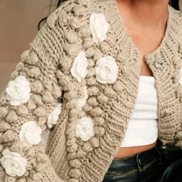 Khaki Casual Women's Crew Neck Long Sleeve Thick Knitted Loose Sweater Jacket - Picture 6 of 7